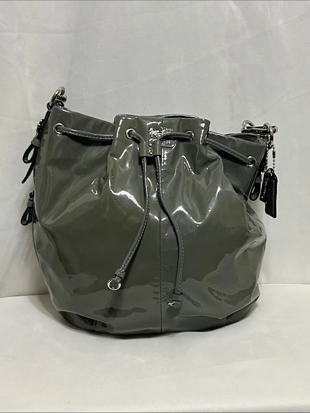 Coach Madison Patent Leather Marielle Drawstring Bag In Green